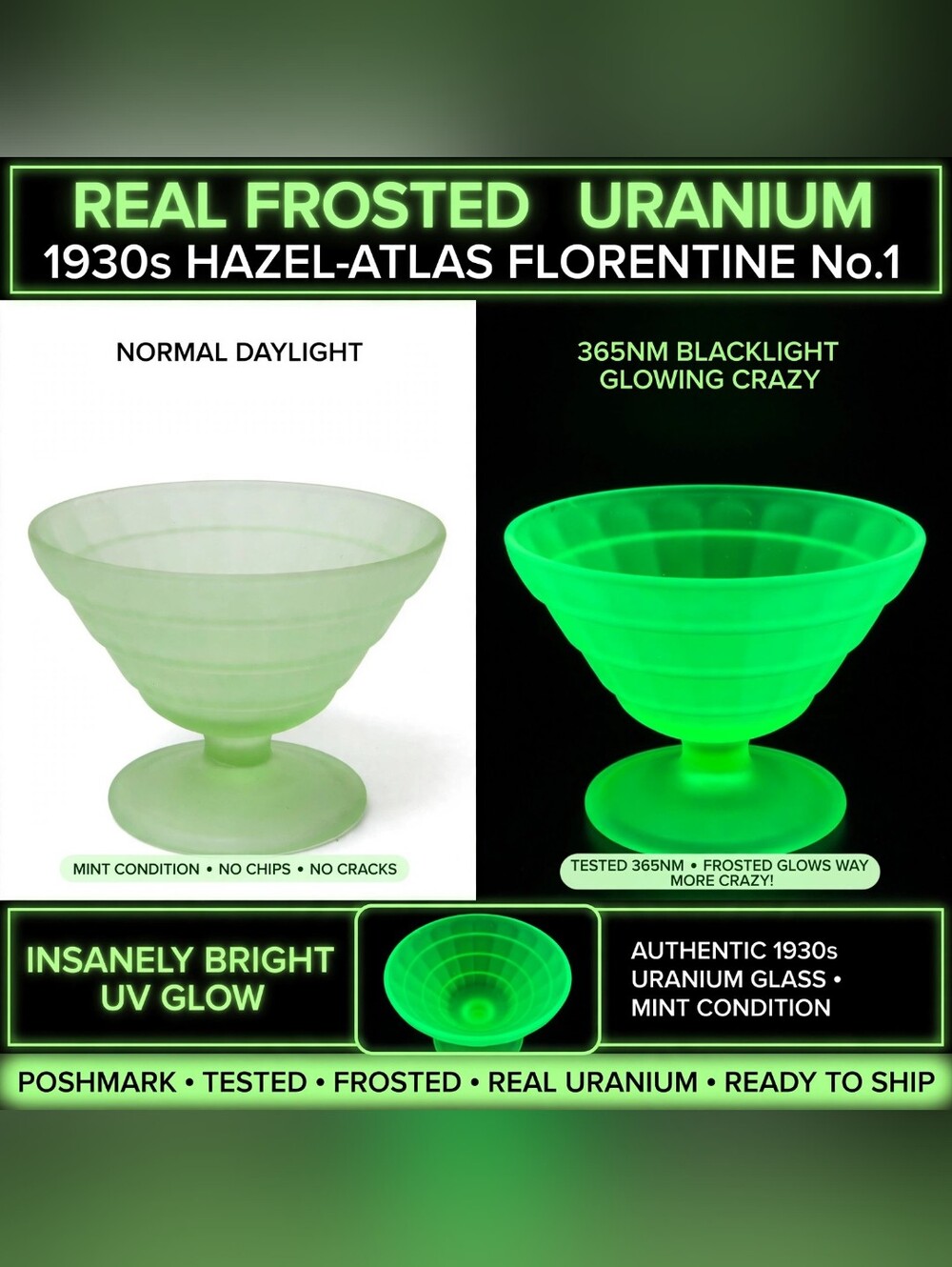 REAL Satin/Frosted Uranium Glass Footed Sherbet 1930s Hazel-Atlas Florentine